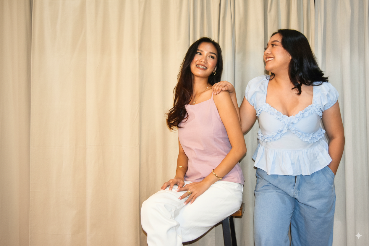 Two women sitting together against a beige curtain
